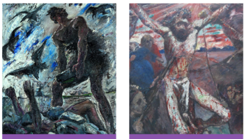 images of book covers showing on the left, a dramatic sky and a figure with a heavy weight alongside another reaching imploringly from the ground and, on the right, a crucifixion scene.