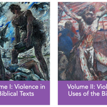 images of book covers showing on the left, a dramatic sky and a figure with a heavy weight alongside another reaching imploringly from the ground and, on the right, a crucifixion scene.