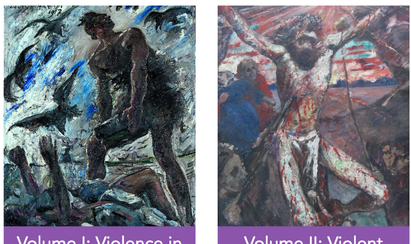 images of book covers showing on the left, a dramatic sky and a figure with a heavy weight alongside another reaching imploringly from the ground and, on the right, a crucifixion scene.