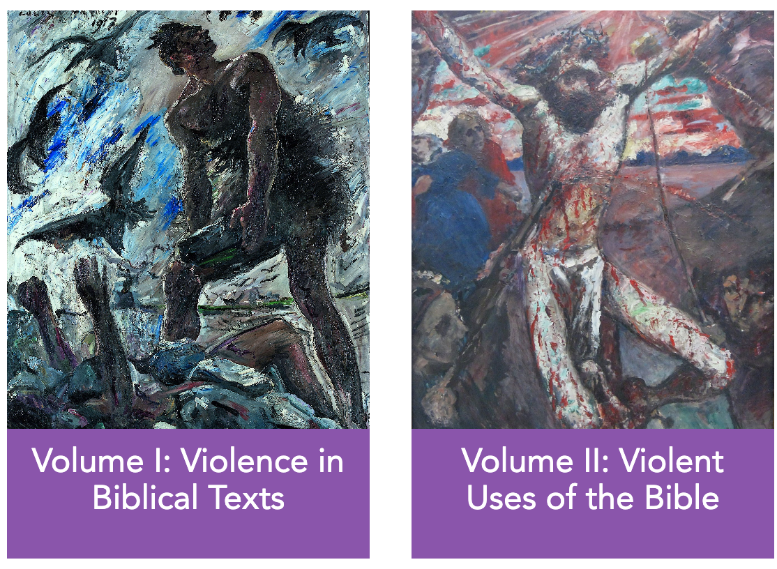 images of book covers showing on the left, a dramatic sky and a figure with a heavy weight alongside another reaching imploringly from the ground and, on the right, a crucifixion scene.